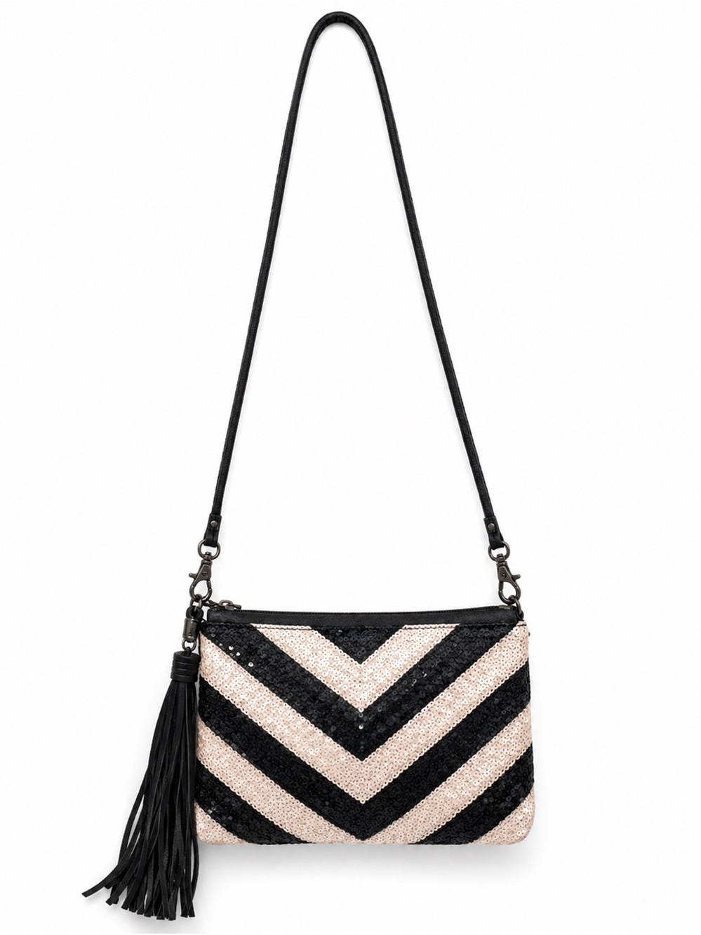 Chevron Tassel Crossbody Bag in Black and Blush